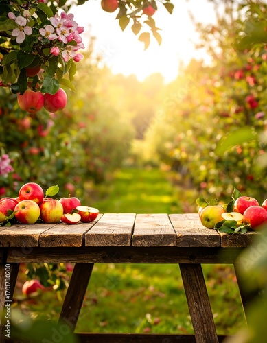 Rustic wooden table in an apple orchard