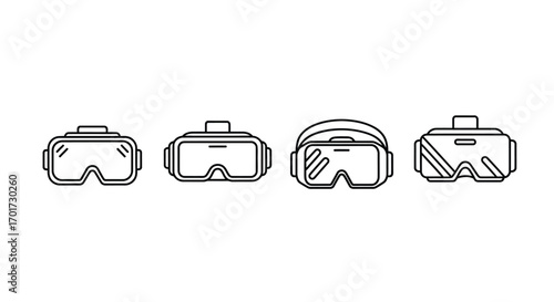 Four futuristic virtual reality headsets showcasing different designs and perspectives for immersive digital experiences vector
