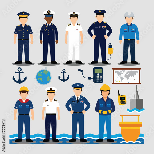 Flat maritime vector pack with port city skyline, Arctic shipping scene, nautical charts, ocean weather icons, ship interiors, and maritime timeline designs for World Maritime Day