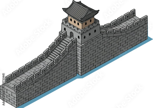 Isometric Flat Vector Great Wall of China Landmark with Watchtower