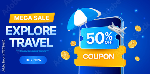 50% discount coupon with smartphone, airplane, umbrella, and floating coins isolated on a blue background. Travel and booking gift voucher banner template in 3d vector. Vector illustration