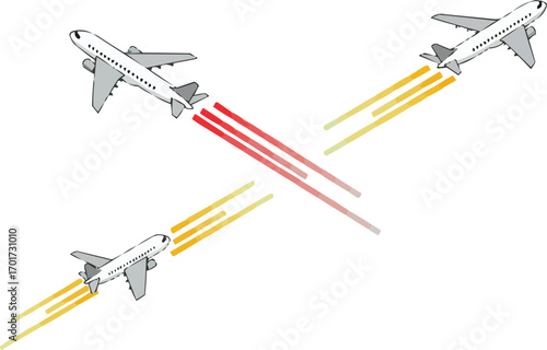 Isometric Flat Vector Airplanes with Red and Yellow Smoke Trails for National Day