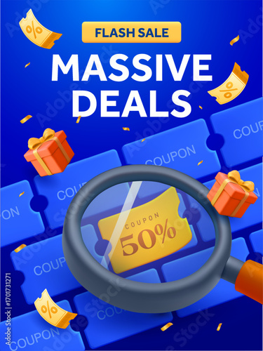 3D Massive Deals flash sale banner with discount coupon under magnifying glass, gift boxes, and festive confetti, isolated on a blue background. Gift voucher or coupon code search in 3d vector. Vector