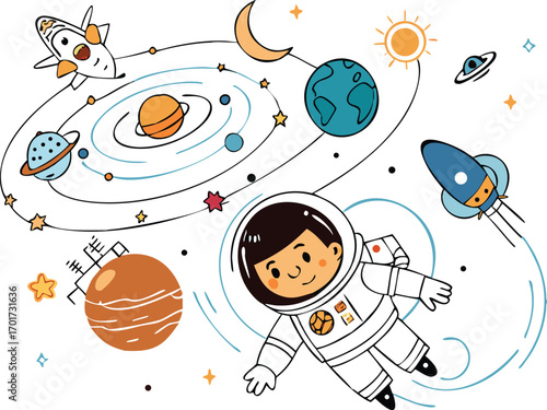 Astronaut floating in space with planets and rocket 
