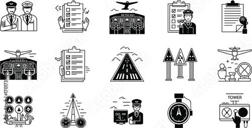 Aviation training vector illustration set with pilot icons, airplane cockpit, runway, checklist, navigation symbols, compass, tower, and flight operations.