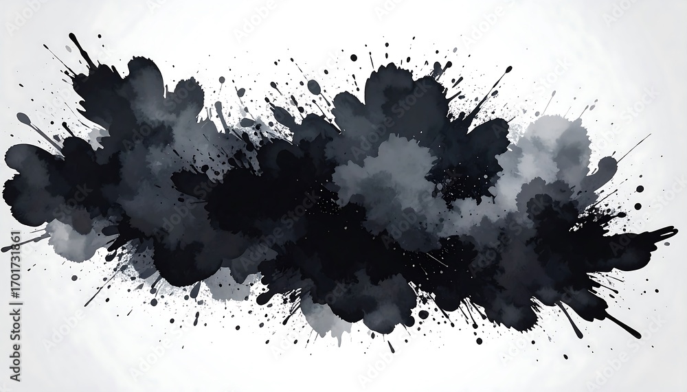 Obraz premium A dramatic, abstract composition of black and grey ink splatters and blots against a neutral background.