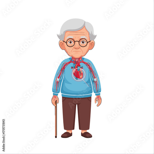 Elderly man with heart illustration, medical concept for cardiology, healthcare, and aging