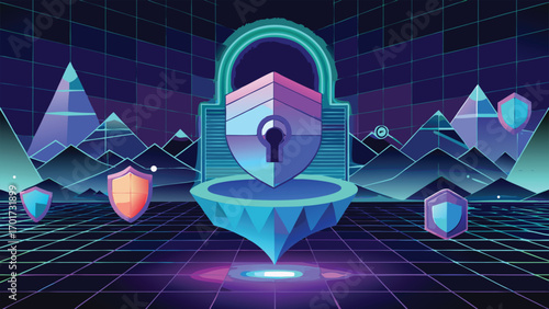 Abstract illustration featuring a central stylized lock security symbol with data protection elements in a digital virtual landscape.