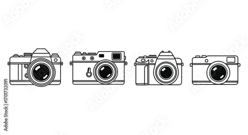 Set of four retro analog cameras line drawing artistic rendering photography vintage style equipment vector