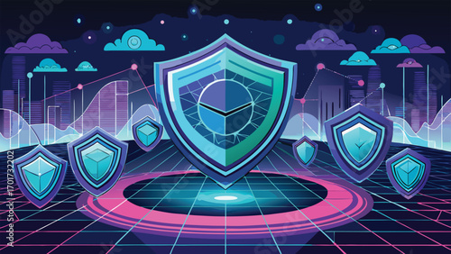 Abstract illustration of cyber security and data protection with shield icons and futuristic digital landscape