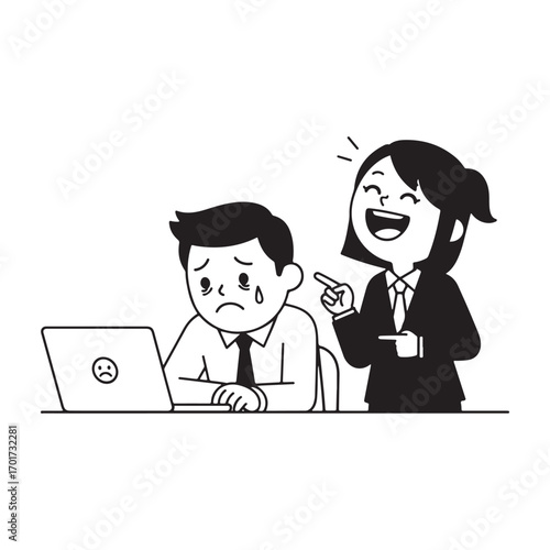 Cartoon illustration of a sad man at a laptop being laughed at by a woman isolated on white background.