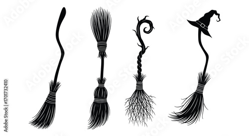 Four silhouette halloween witch brooms various designs for spooky season decorations and crafts vector