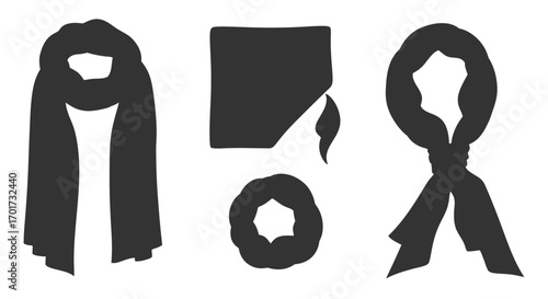 Collection of black scarves and shawls displayed individually for fashion accessories showcase vector