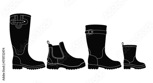 Four pairs of black rubber boots lined up side by side in different sizes and styles vector