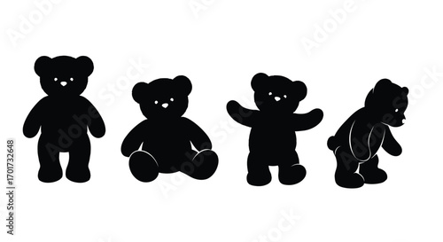Four silhouettes of teddy bears in different poses offering a playful and whimsical feel vector