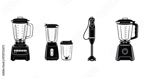 Collection of kitchen blenders and handheld immersion mixer for smoothies and food preparation vector