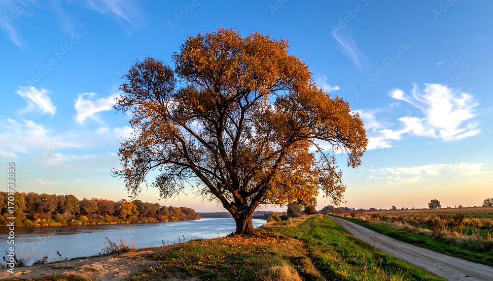 Obraz premium A vibrant autumn scene by a river, showcasing a large, golden-hued tree with a picturesque landscape and clear sky.