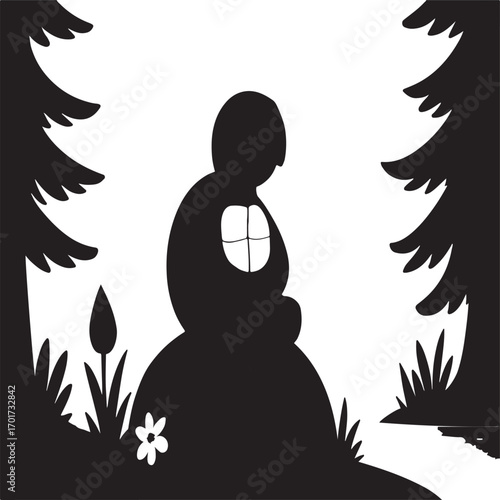 Black silhouette of a rounded house with a window in a forest clearing