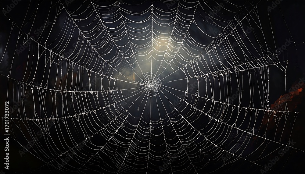 Fototapeta premium A detailed spiderweb, glistening with dew drops, radiates outward from its center, creating a complex and intricate design against a dark background.