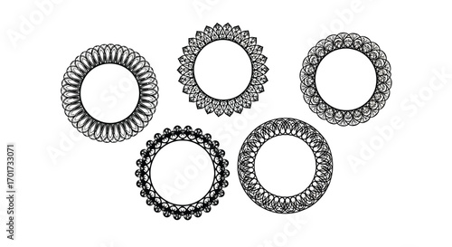Five detailed ornate circular metal components isolated on a white canvas vector