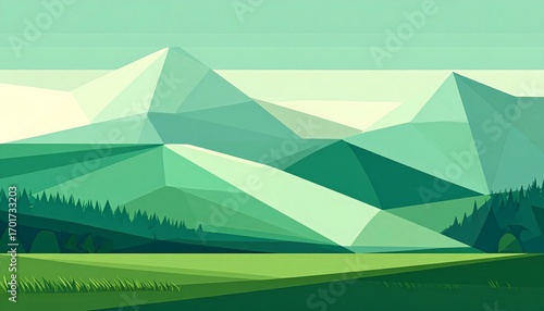 Geometric Mountain Landscape with Verdant Fields and Pine Forest in Cool Green Tones
