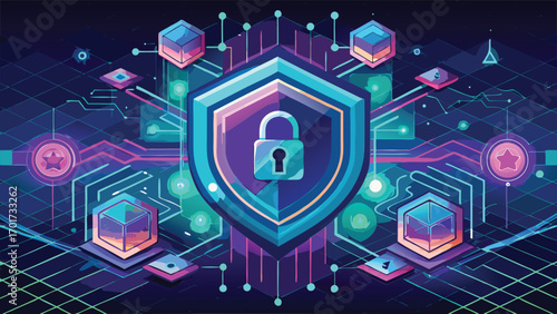 Cyber security protection digital illustration with shield padlock and technological circuitry elements