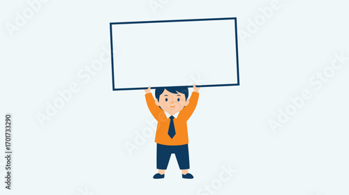 Cartoon businessman boy holding a large blank sign overhead