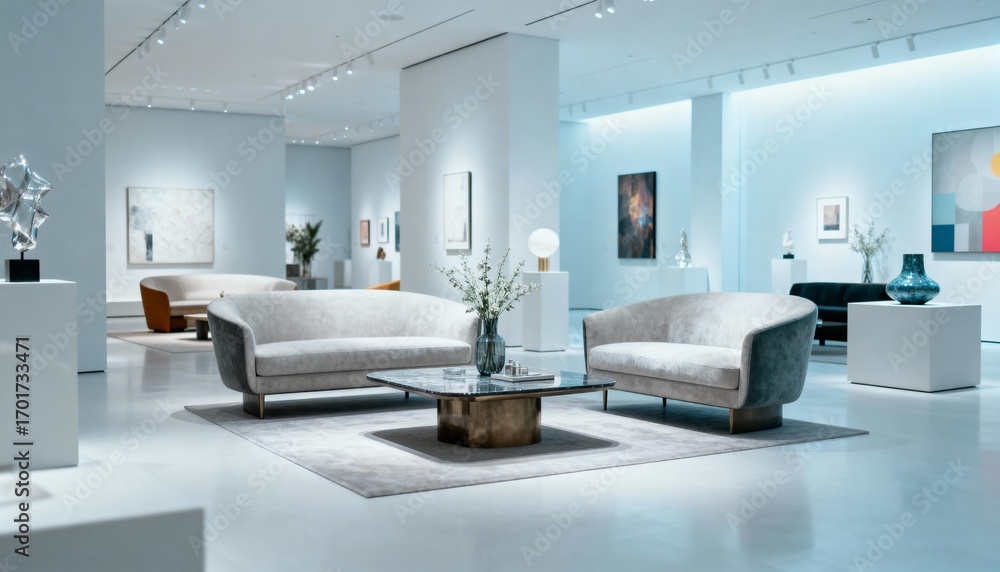 Fototapeta premium Modern Art Gallery Interior Featuring Contemporary Furniture and Artwork in a Minimalist Design Aesthetic