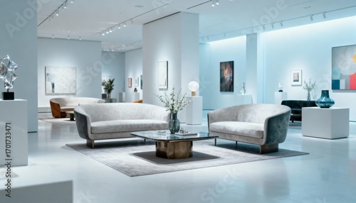 Modern Art Gallery Interior Featuring Contemporary Furniture and Artwork in a Minimalist Design Aesthetic