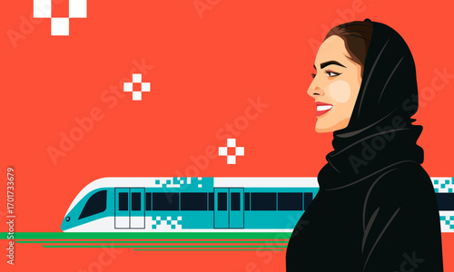 Dubai Metro train and Emirati Women Concept vector flat illustration

