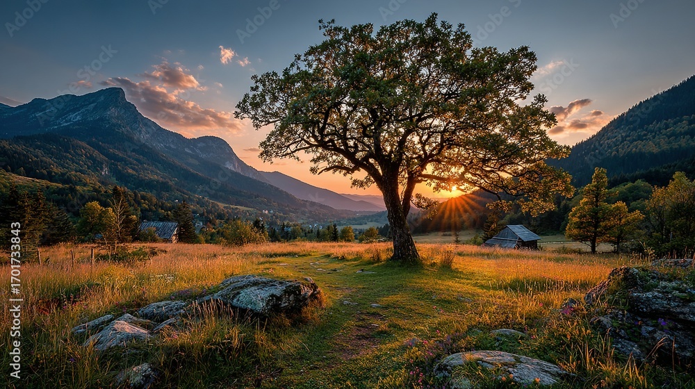 Obraz premium Tree in a field with mountains and sunset or sunrise in the background.