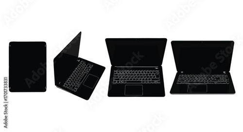 Modern laptop and tablet silhouettes multiple angles isolated on white vector