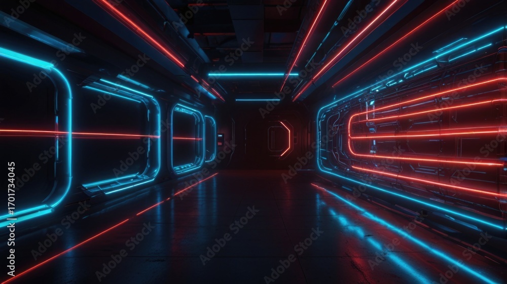 Fototapeta premium Futuristic Red and Blue Neon Light Stripes. Sci-Fi Digital Backdrop.