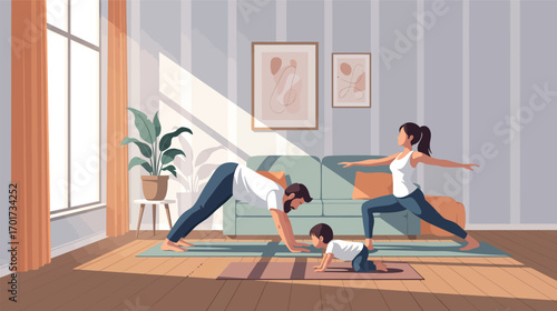 Family doing yoga together in a sunlit room