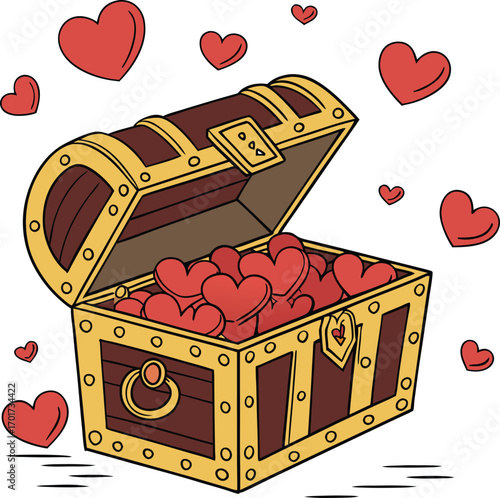 A treasure chest overflowing with glowing red jewels and gold coins