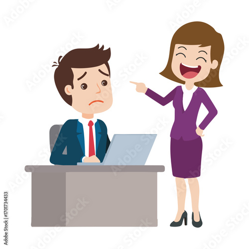 Woman laughing and pointing at a sad man working at his desk isolated on white background