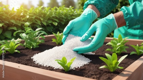 Close-up of hands in protective gloves spreading white urea granules over beds of green plants. Concept of successful rich harvest.