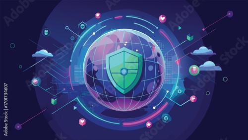 Digital security and global network protection illustrated by shield protecting worldwide data with abstract graphics.