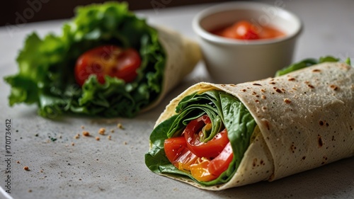 Healthy Vegetable Wraps Served on a Plate. Packed with Leafy Greens and Tomatoes