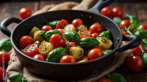 Fresh Tomato and Basil Sautéed Vegetables in a Pan. Featuring Rustic Mediterranean Cuisine