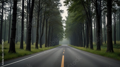 Serene Road Flanked by Trees on Either Side. A Tranquil and Peaceful Journey