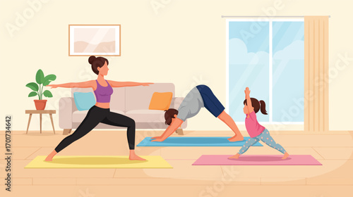 Family practicing yoga together at home