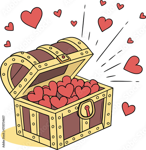 A treasure chest overflowing with glowing red jewels and gold coins