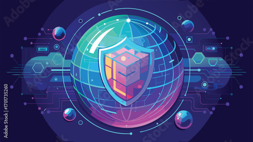 Digital security concept showcasing a globe encircled by a shield representing global cyber protection and data encryption