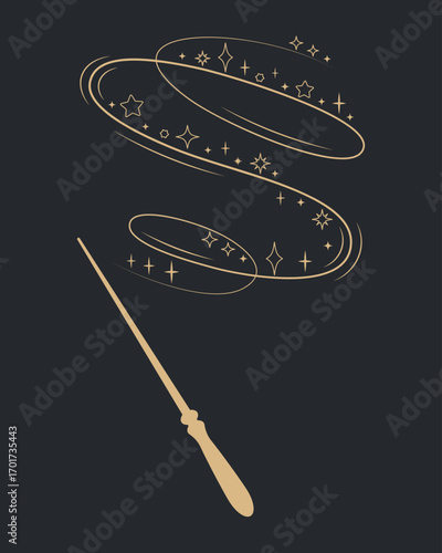 Golden magic wand with spiral swirl and sparkling stars isolated on dark background. Enchanted wizard stick with glowing fantasy lights, mystical design for fairytale, magic, fantasy, mystery themes