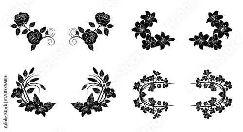 Elegant black floral corner accents set botanical flourish decorative elements vector
