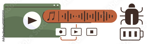 Web video player, audio wave, malware icon, media controls, and battery symbolize technology issues. Ideal for cybersecurity, streaming, bug fixing, media controls malware performance monitoring