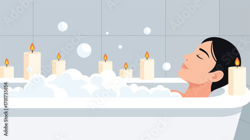 Person relaxing in a bubble bath with candles