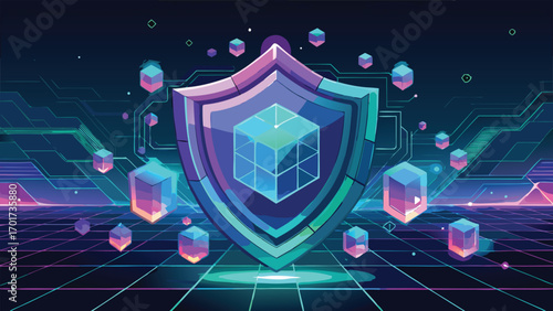 Digital security shield and data cubes depicting cyber protection and secure networks in a futuristic technology concept