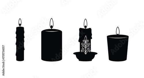 Collection of four black silhouette candles different shapes lit flames for ambiance and decoration vector